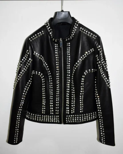 Women's Black Leather Studded/Rhinestone Biker Jacket