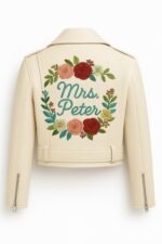 Women’s Beige Leather Biker Jacket with Red Rose Embroidery Cropped Moto Style