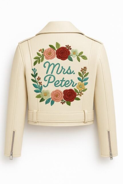 Women’s Beige Leather Biker Jacket with Red Rose Embroidery Cropped Moto Style