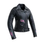 Women’s Black Genuine Leather Biker Jacket with Pink Floral Embroidery