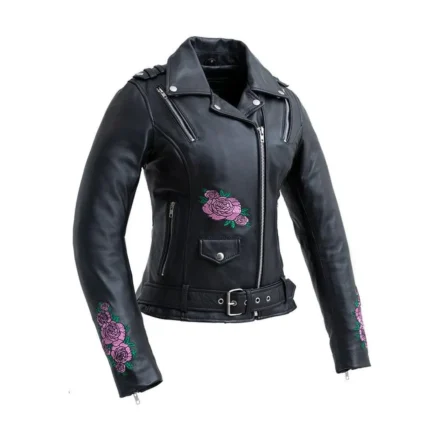 Women’s Black Genuine Leather Biker Jacket with Pink Floral Embroidery
