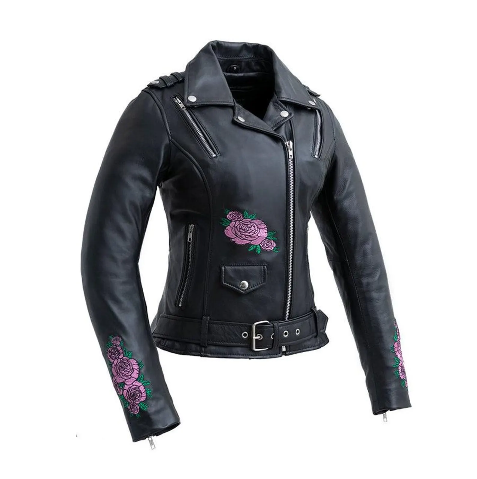 Women’s Black Genuine Leather Biker Jacket with Pink Floral Embroidery Women’s Black Genuine Leather Biker Jacket with Pink Floral Embroidery