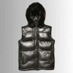Men's Hooded Black Sheepskin Leather Puffer Vest