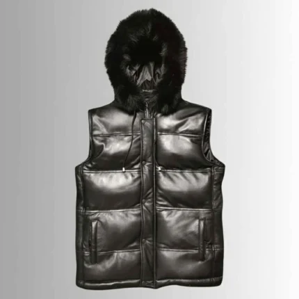 Men's Hooded Black Sheepskin Leather Puffer Vest
