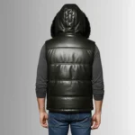 Men's Hooded Black Sheepskin Leather Puffer Vest