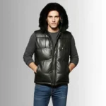 Men's Hooded Black Sheepskin Leather Puffer Vest - Image 3