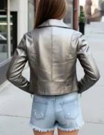 Women's Handmade Silver Metallic Leather Biker Jacket