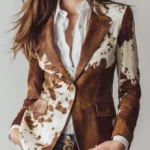 Vintage Cow Skin Print Eco-Friendly Suede Blazer Women’s Western Cowhide Blazer