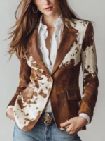 Vintage Cow Skin Print Eco-Friendly Suede Blazer Women’s Western Cowhide Blazer