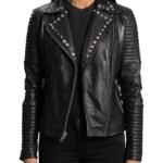 Handmade Women's Studded Lambskin Leather Biker Jacket - Image 2
