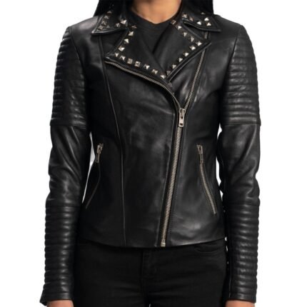 Handmade Women's Studded Lambskin Leather Biker Jacket