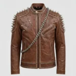 Handmade Brown Studded Leather Biker Jacket for Men Spiked Punk Rockstar Moto Style with Chain Detailing