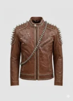 Handmade Brown Studded Leather Biker Jacket for Men Spiked Punk Rockstar Moto Style with Chain Detailing