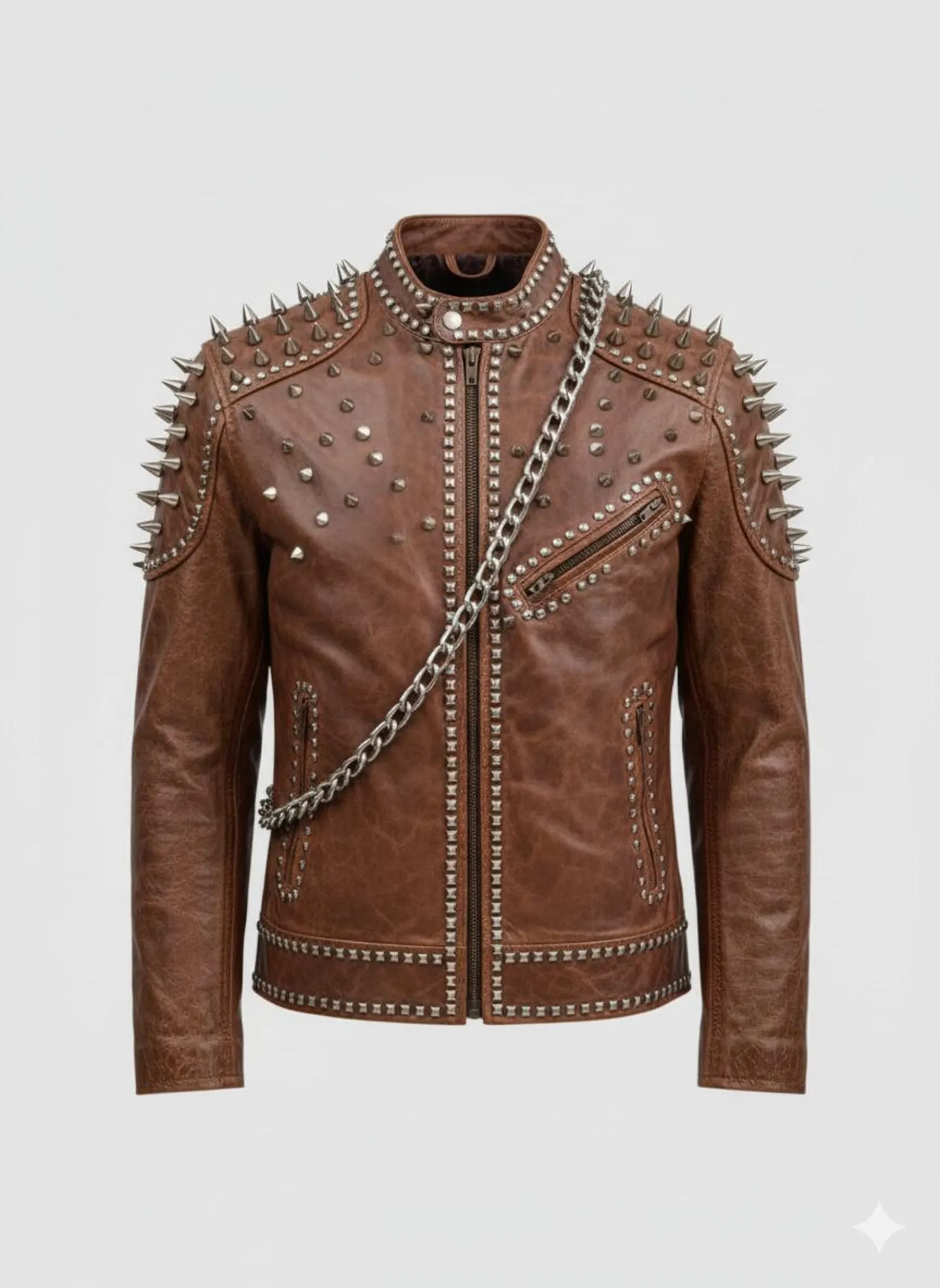 Handmade Brown Studded Leather Biker Jacket for Men Spiked Punk Rockstar Moto Style with Chain Detailing Handmade Brown Studded Leather Biker Jacket for Men Spiked Punk Rockstar Moto Style with Chain Detailing