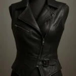Women's Black Genuine Leather Moto Vest with Belted Waist and Zipper Front