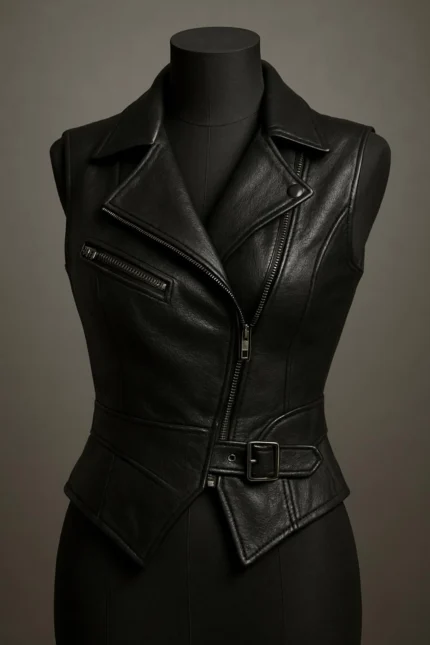 Women's Black Genuine Leather Moto Vest with Belted Waist and Zipper Front