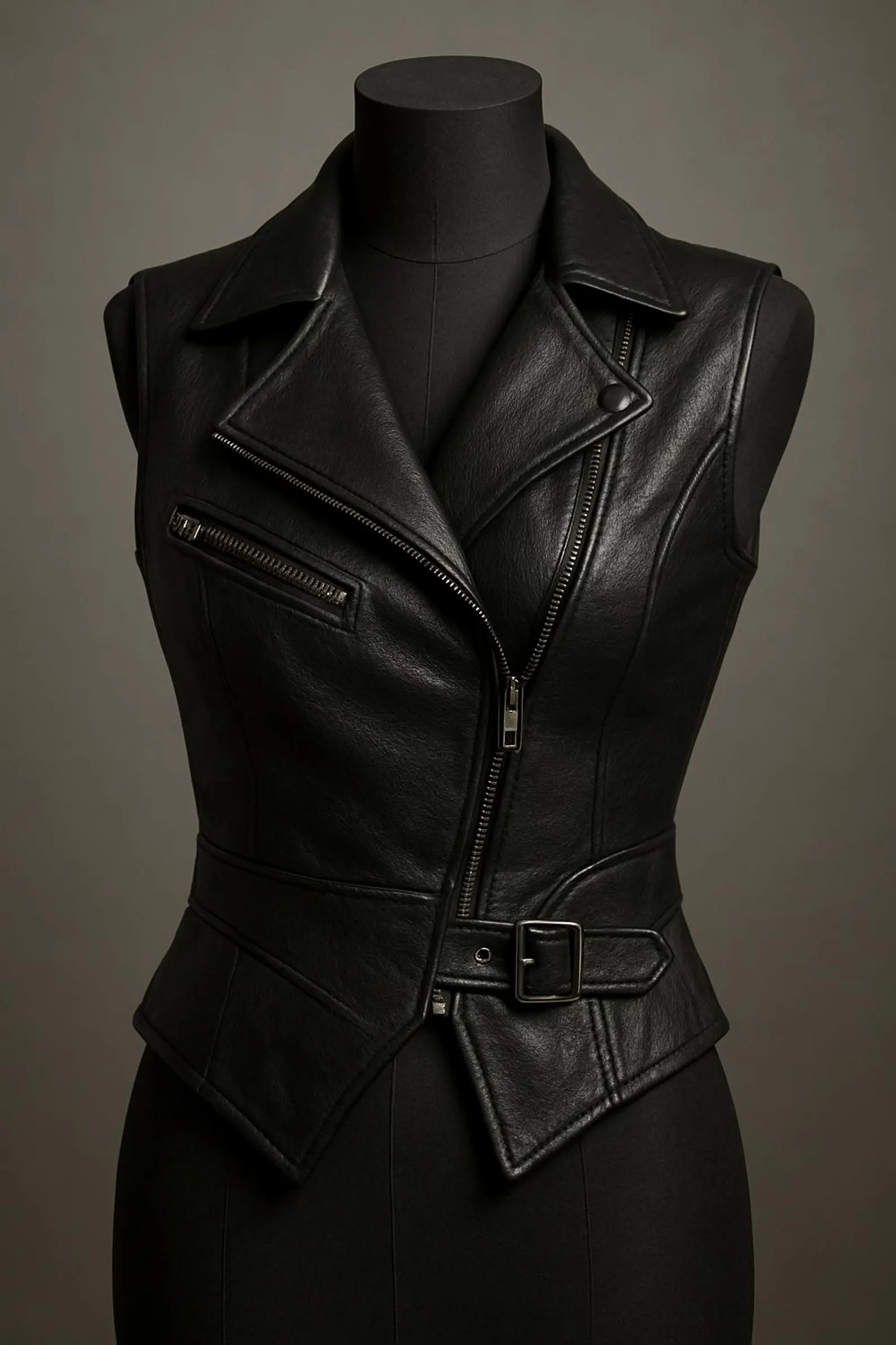 Women's Black Genuine Leather Moto Vest with Belted Waist and Zipper Front Women's Black Genuine Leather Moto Vest with Belted Waist and Zipper Front
