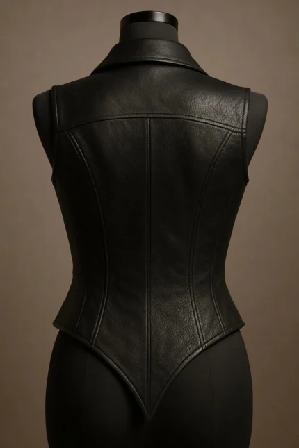 Women's Black Genuine Leather Moto Vest with Belted Waist and Zipper Front