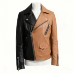 Two Tone Black & Tan Leather Biker Jacket