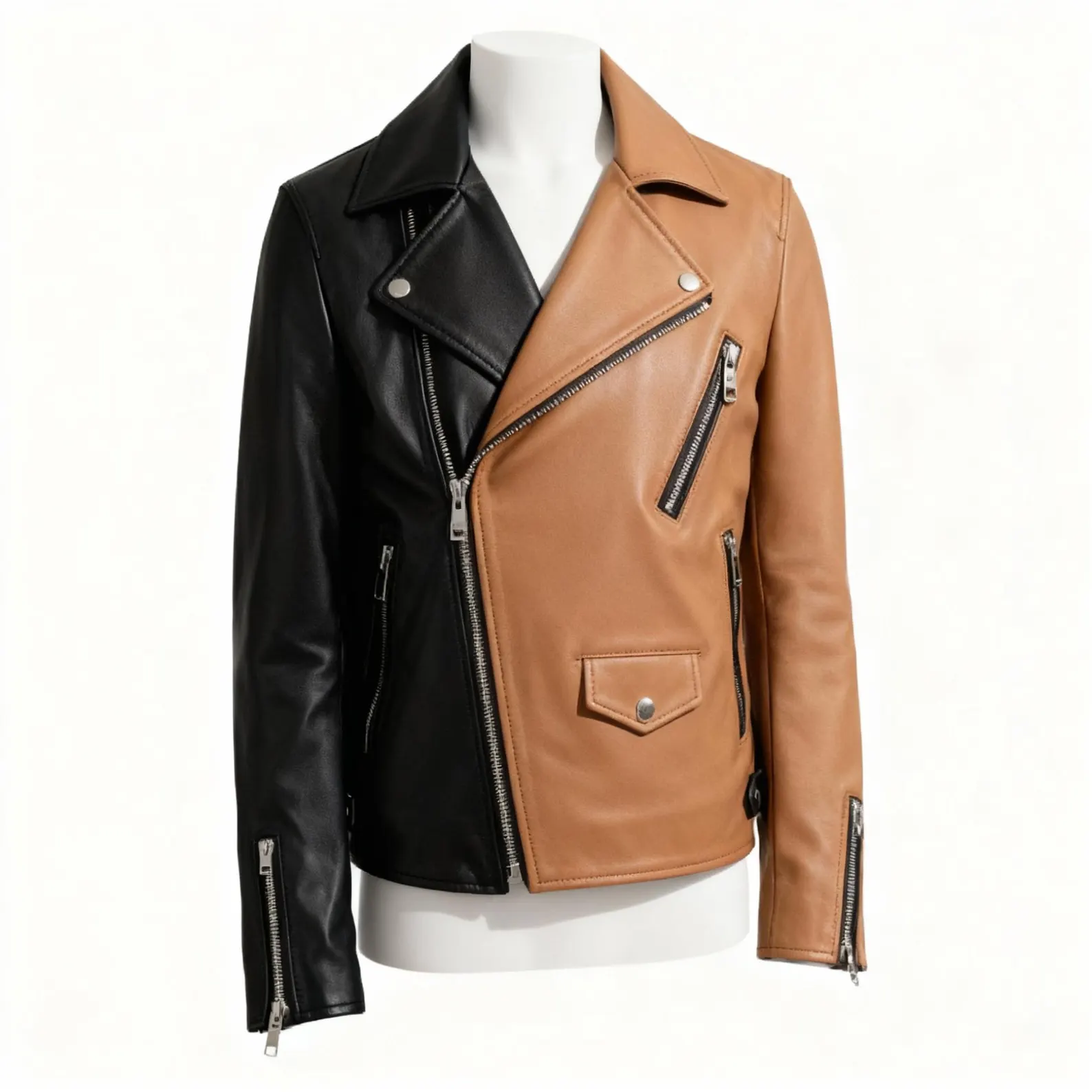Two Tone Black & Tan Leather Biker Jacket Two Tone Black & Tan Leather Biker Jacket
