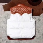 Men's Lambskin Leather Puffer Vest Sleeveless White & Brown Jacket