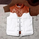 Men's Lambskin Leather Puffer Vest Sleeveless White & Brown Jacket