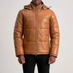 Men's Tan Leather Puffer Jacket with Detachable Hood - Image 3
