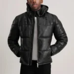 Men’s Black Leather Puffer Jacket Warm Winter Coat with Detachable Hood - Image 2