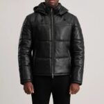 Men’s Black Leather Puffer Jacket: Warm Winter Coat with Detachable Hood