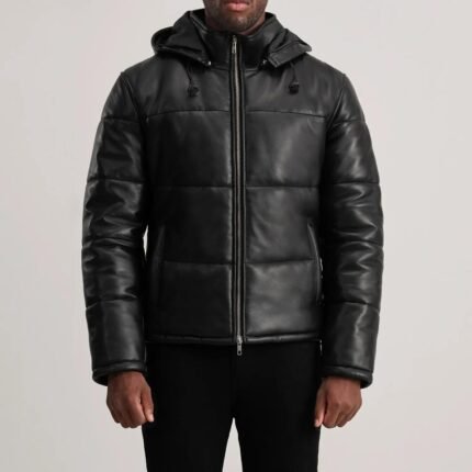 Men’s Black Leather Puffer Jacket: Warm Winter Coat with Detachable Hood