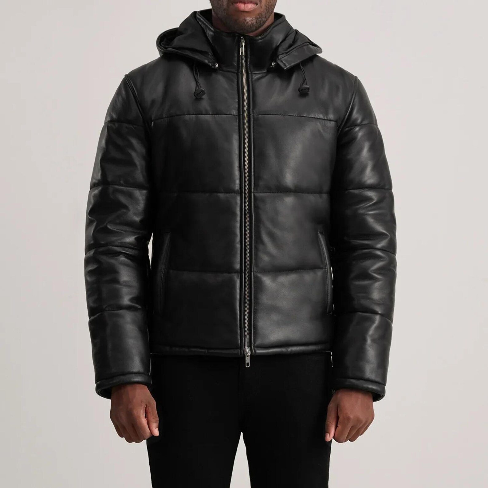 Men’s Black Leather Puffer Jacket: Warm Winter Coat with Detachable Hood Men’s Black Leather Puffer Jacket: Warm Winter Coat with Detachable Hood