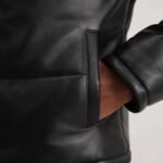 Men’s Black Leather Puffer Jacket Warm Winter Coat with Detachable Hood - Image 3