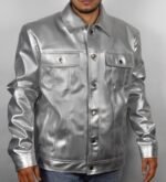 Men's Metallic Silver Faux Leather Trucker Jacket  Moto Biker Style - Image 3