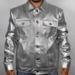 Men's Metallic Silver Faux Leather Trucker Jacket Moto Biker Style