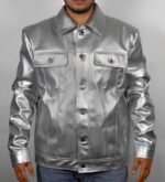 Men's Metallic Silver Faux Leather Trucker Jacket Moto Biker Style