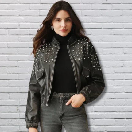 Studded Leather Jacket Cropped Party Bomber For Women