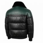 Men's Black Real Leather Puffer Jacket Green Two Tone Bomber Faux Fur Collar