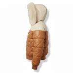 Handmade Real Leather Two Tone Tan Leather Puffer Jacket with Faux Fur Hood - Image 2