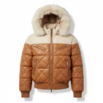 Handmade Real Leather Two Tone Tan Leather Puffer Jacket with Faux Fur Hood