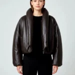 Oversized Brown Leather Puffer Jacket High Collar Cropped Bomber