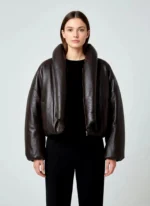 Oversized Brown Leather Puffer Jacket High Collar Cropped Bomber