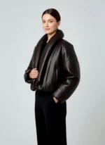 Oversized Brown Leather Puffer Jacket  High Collar Cropped Bomber - Image 5