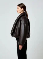 Oversized Brown Leather Puffer Jacket  High Collar Cropped Bomber - Image 3