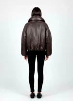 Oversized Brown Leather Puffer Jacket High Collar Cropped Bomber