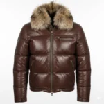 Men's Brown Lambskin Leather Bubble Puffer Jacket Faux Fur Collar Bomber Winter Coat