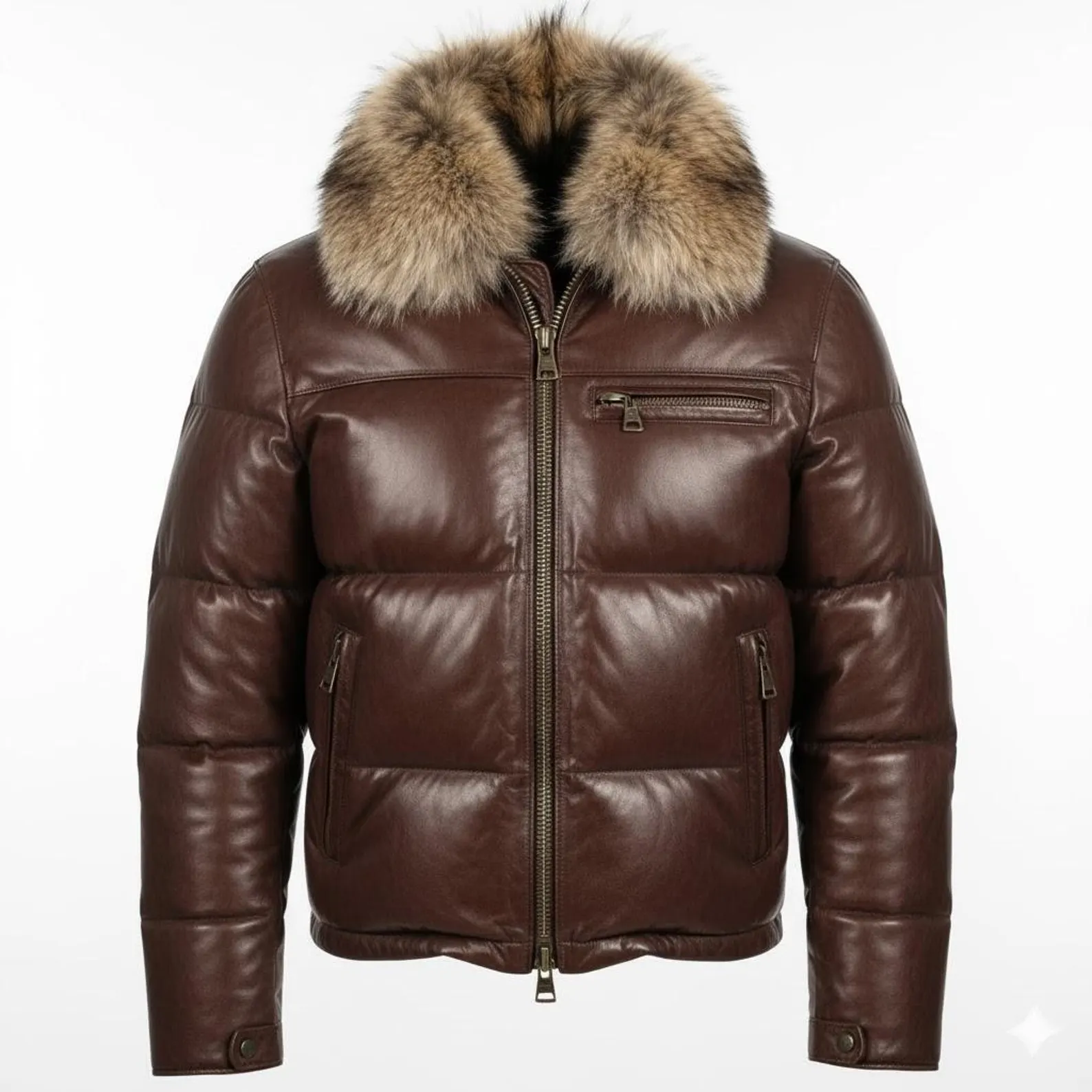 Men's Brown Lambskin Leather Bubble Puffer Jacket Faux Fur Collar Bomber Winter Coat Men's Brown Lambskin Leather Bubble Puffer Jacket Faux Fur Collar Bomber Winter Coat