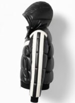 Black and White Leather Puffer Jacket with Hood Retro Sporty Winter Coat - Image 2
