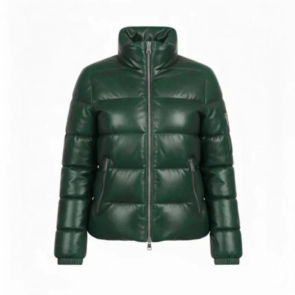 Women’s Green Real Leather Puffer Jacket Quilted Sheepskin Winter Coat