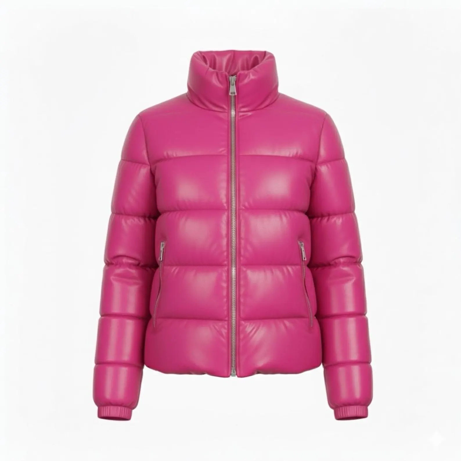 Women's Hot Pink Faux Leather Quilted Puffer Jacket Cropped Winter Zip Up Coat Women's Hot Pink Faux Leather Quilted Puffer Jacket Cropped Winter Zip Up Coat