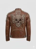 Handmade Brown Studded Leather Biker Jacket for Men Spiked Punk Rockstar Moto Style with Chain Detailing